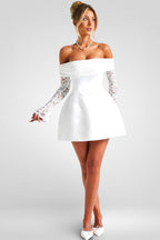 Off-Shoulder Mini Dress – A-Line Fit with Lace Long Sleeves