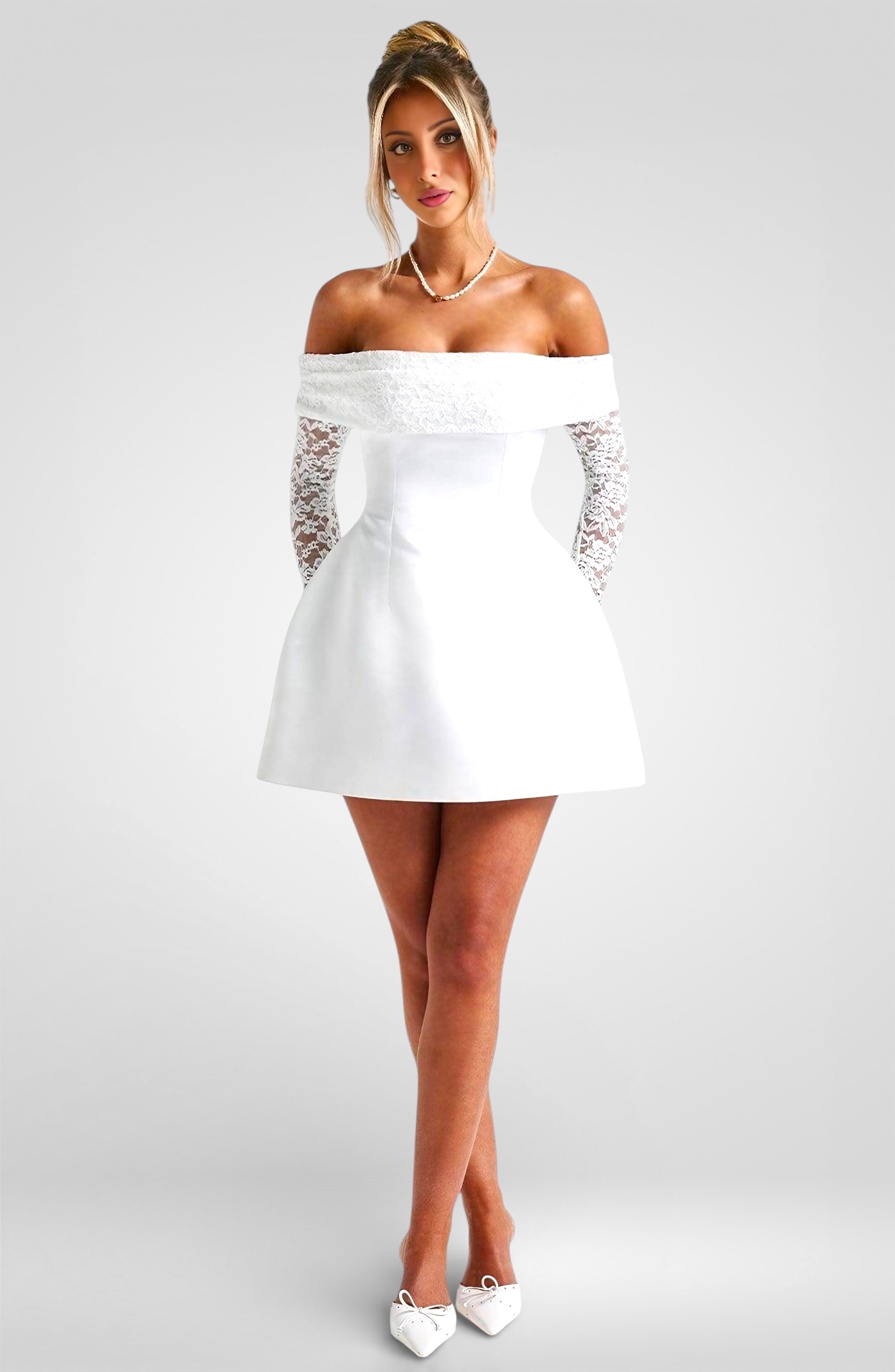Off-Shoulder Mini Dress – A-Line Fit with Lace Long Sleeves