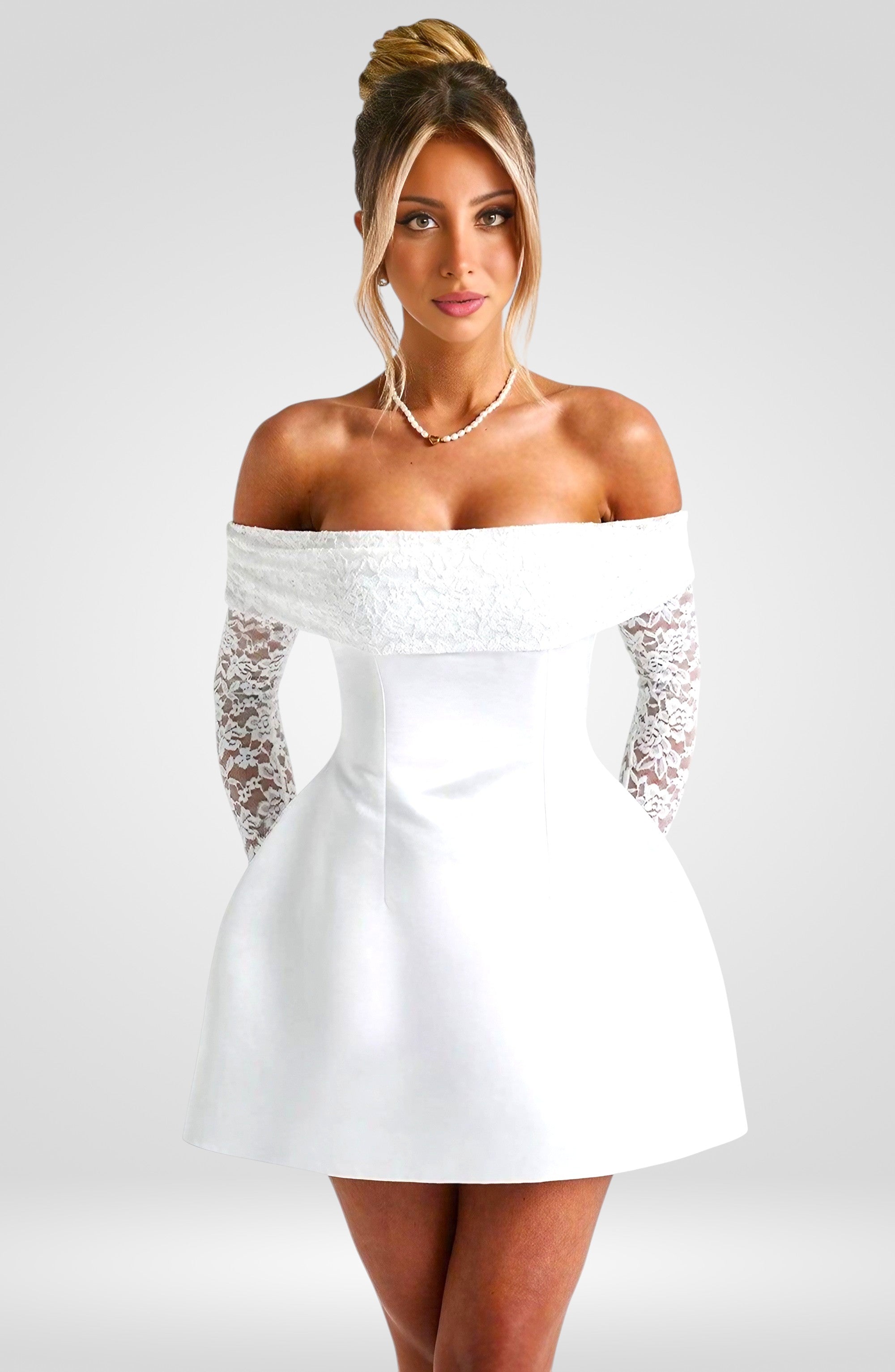 Off-Shoulder Mini Dress – A-Line Fit with Lace Long Sleeves