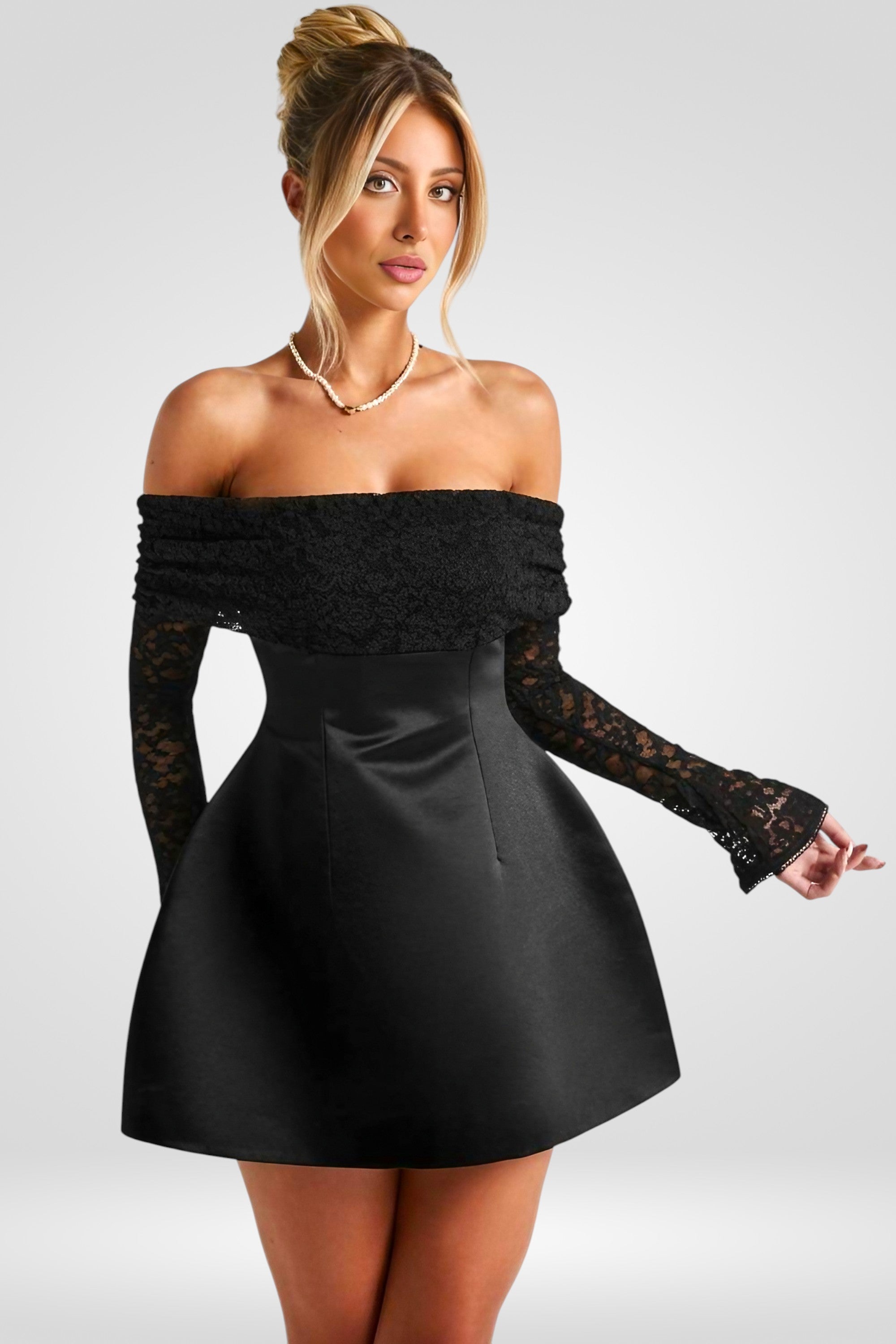 Off-Shoulder Mini Dress – A-Line Fit with Lace Long Sleeves