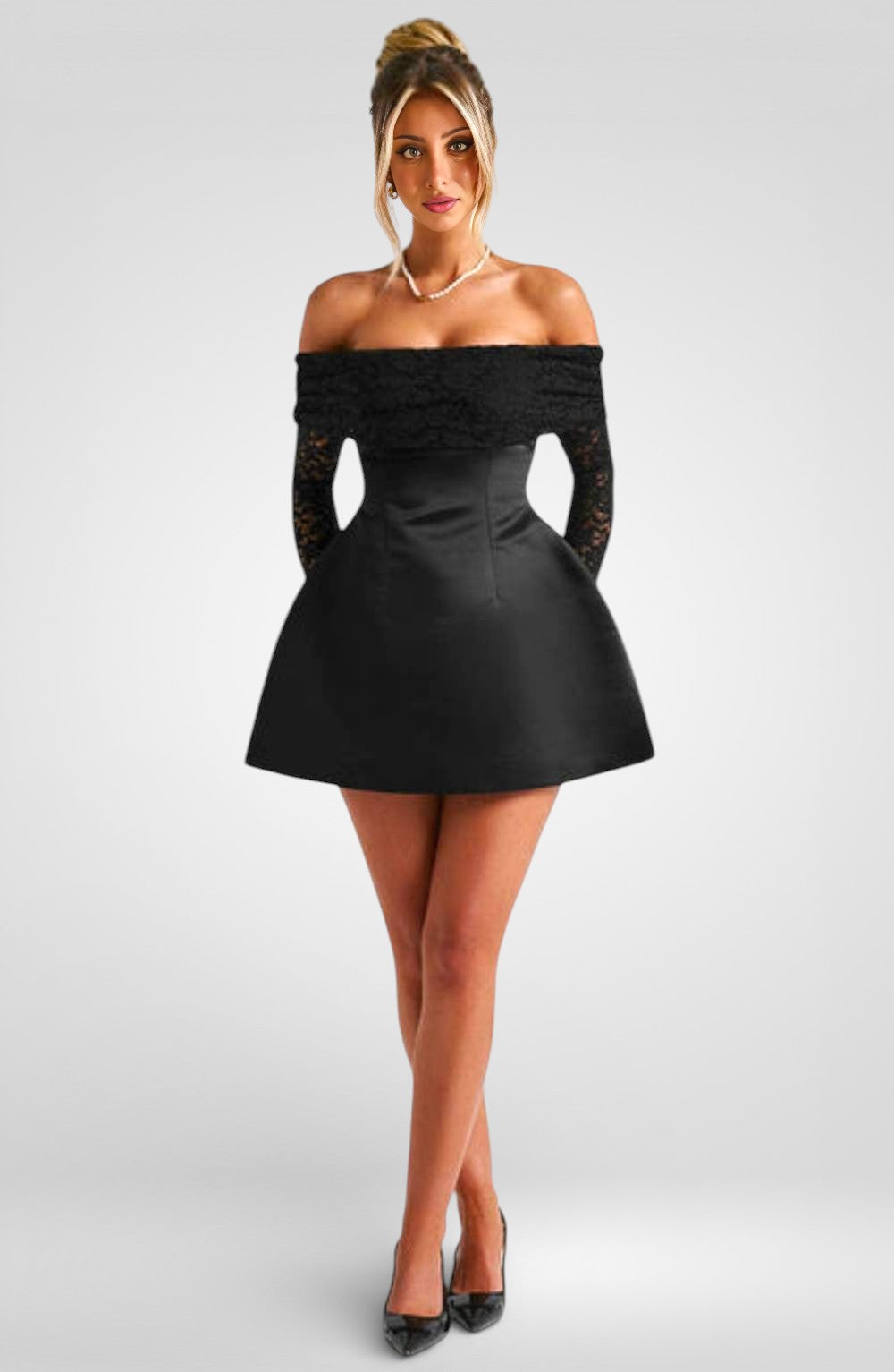 Off-Shoulder Mini Dress – A-Line Fit with Lace Long Sleeves