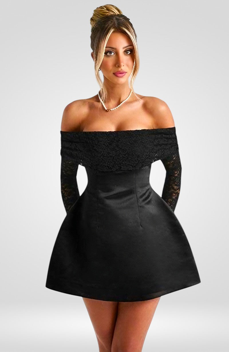 Off-Shoulder Mini Dress – A-Line Fit with Lace Long Sleeves