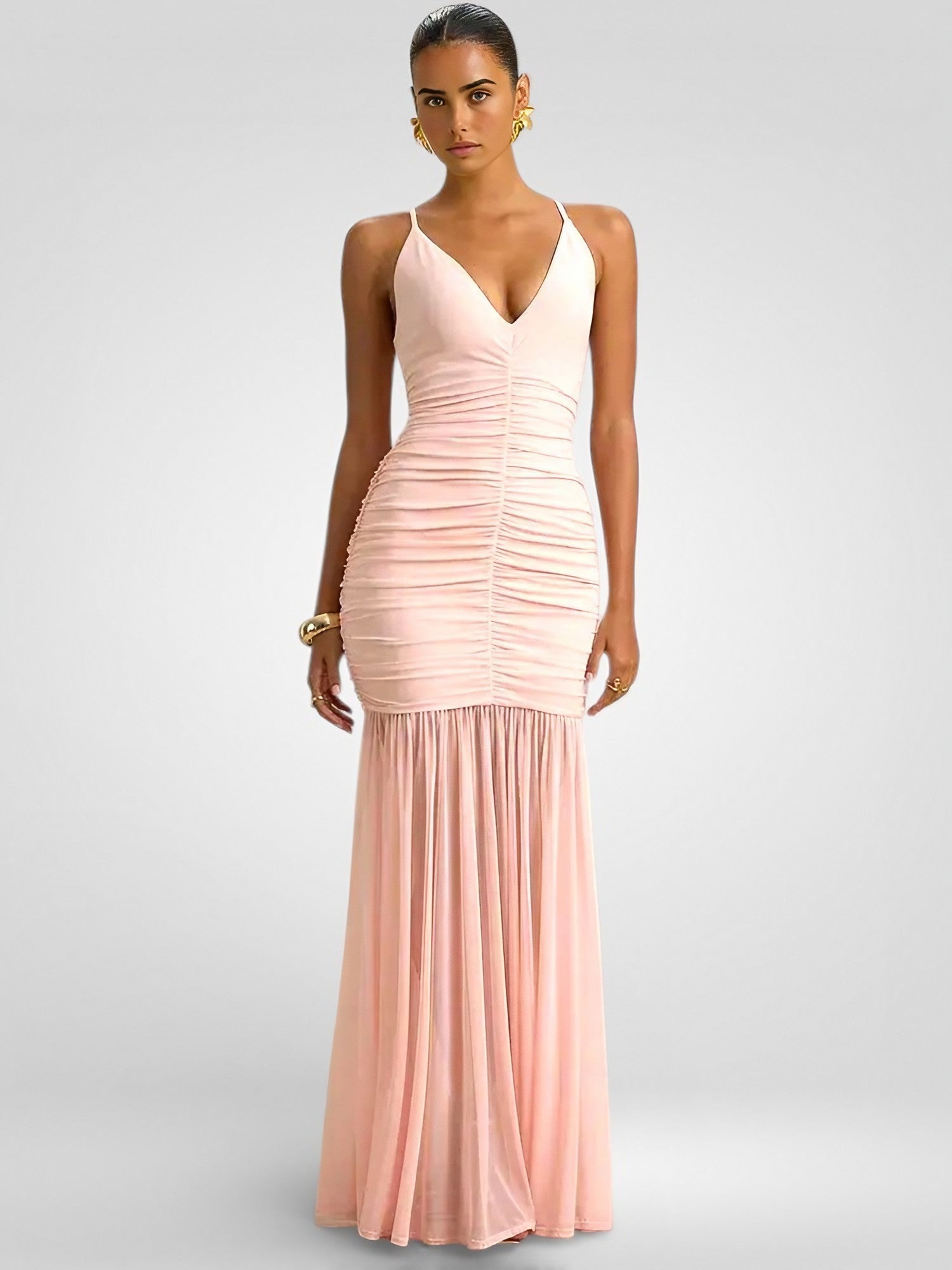 Rückenfreies, plissiertes Maxikleid mit Spaghettiträgern – Elegantes, gerafftes V-Ausschnitt-Kleid