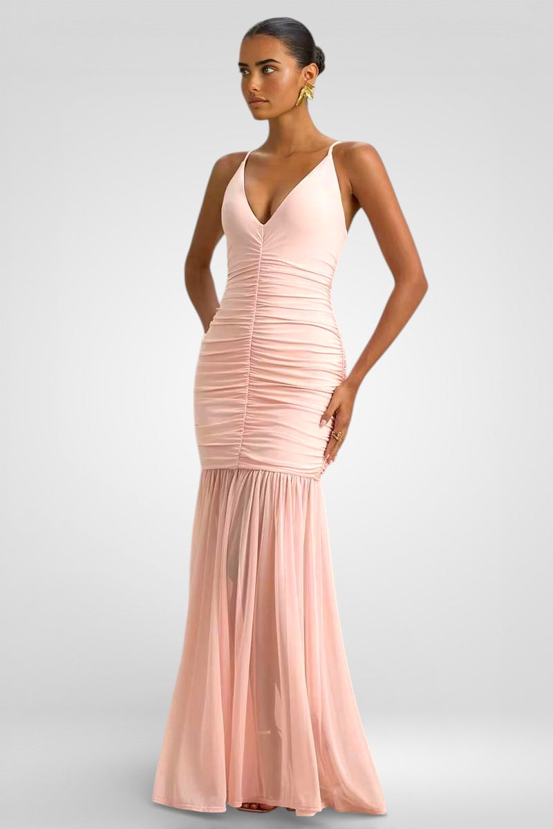 Rückenfreies, plissiertes Maxikleid mit Spaghettiträgern – Elegantes, gerafftes V-Ausschnitt-Kleid