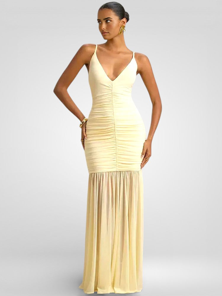 Backless Pleated Spaghetti Strap Maxi Dress – Elegant Ruched V-Neck Gown