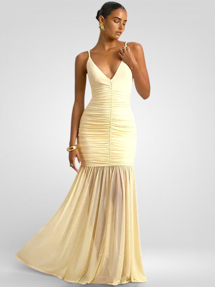 Rückenfreies, plissiertes Maxikleid mit Spaghettiträgern – Elegantes, gerafftes V-Ausschnitt-Kleid