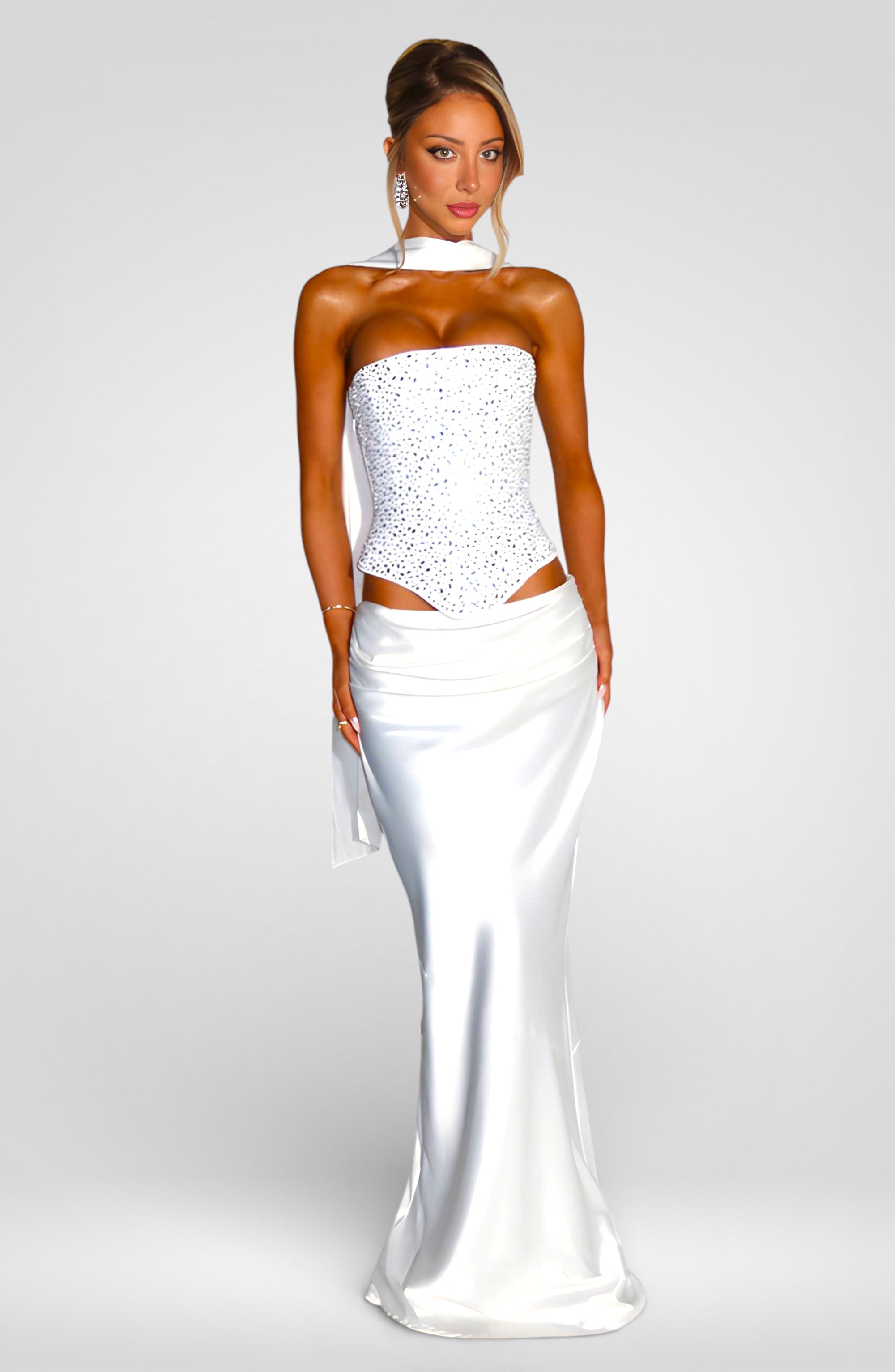 Women's Sequin Crop Top & Satin Maxi Skirt Set - White