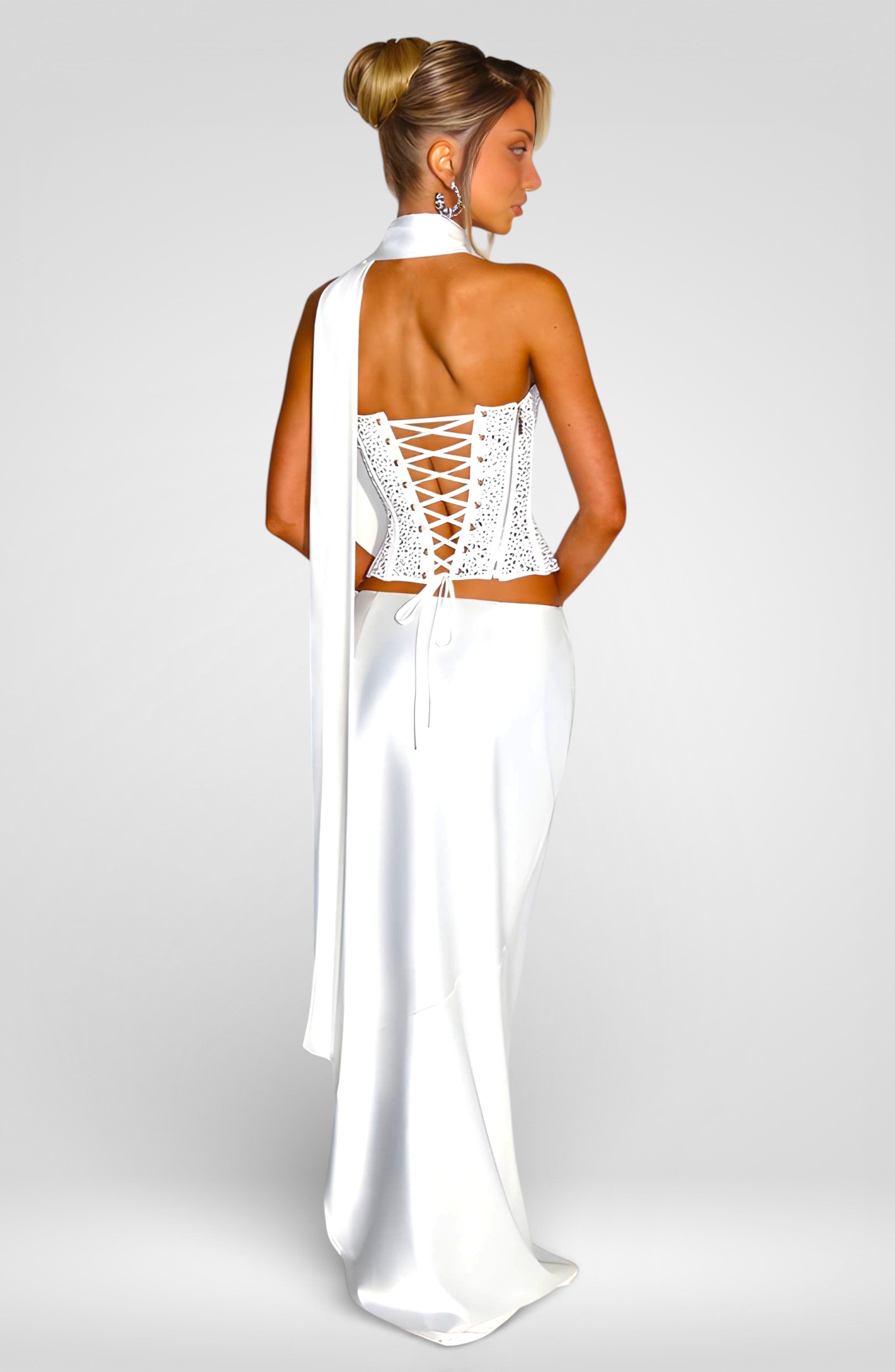 Women's Sequin Crop Top & Satin Maxi Skirt Set - White