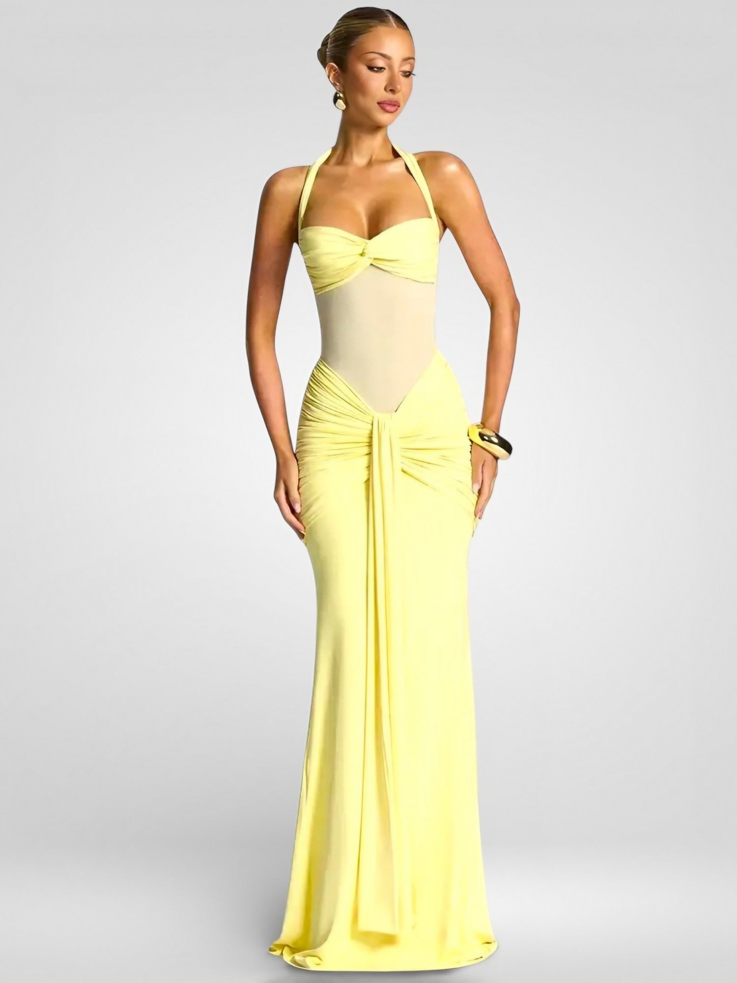 Ruched Halter Off-Shoulder Maxi Dress