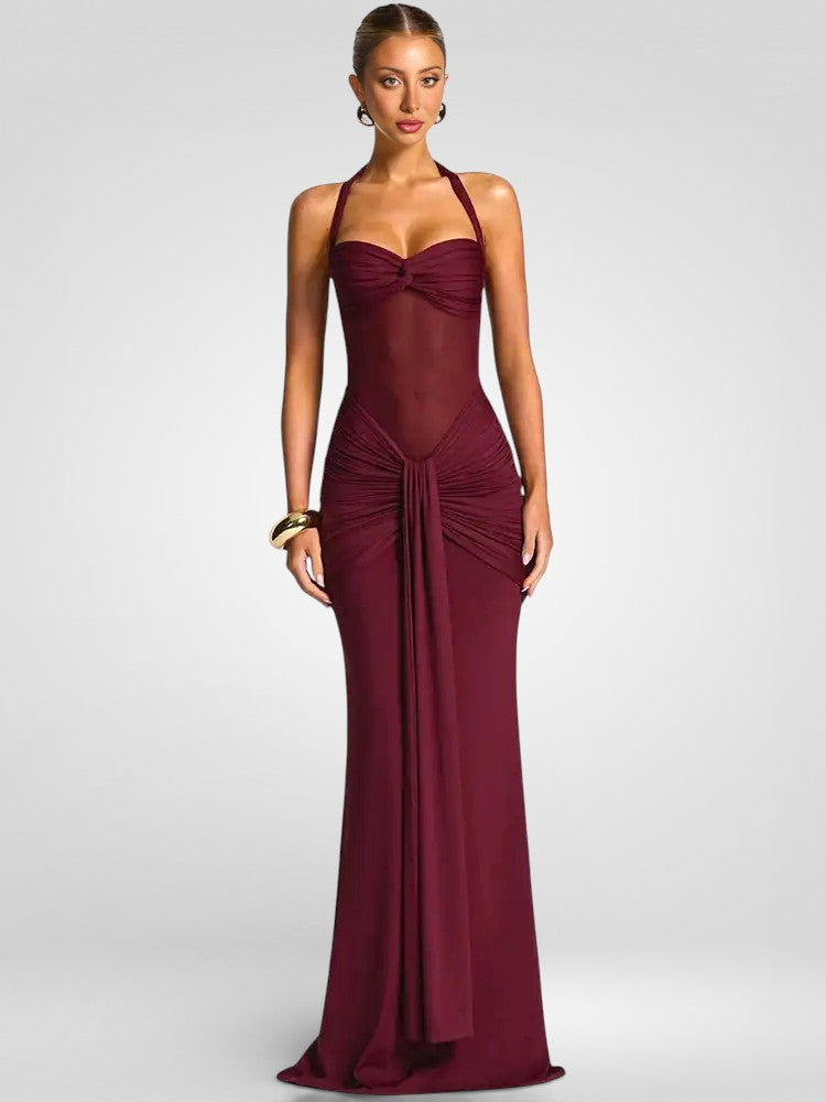 Ruched Halter Off-Shoulder Maxi Dress