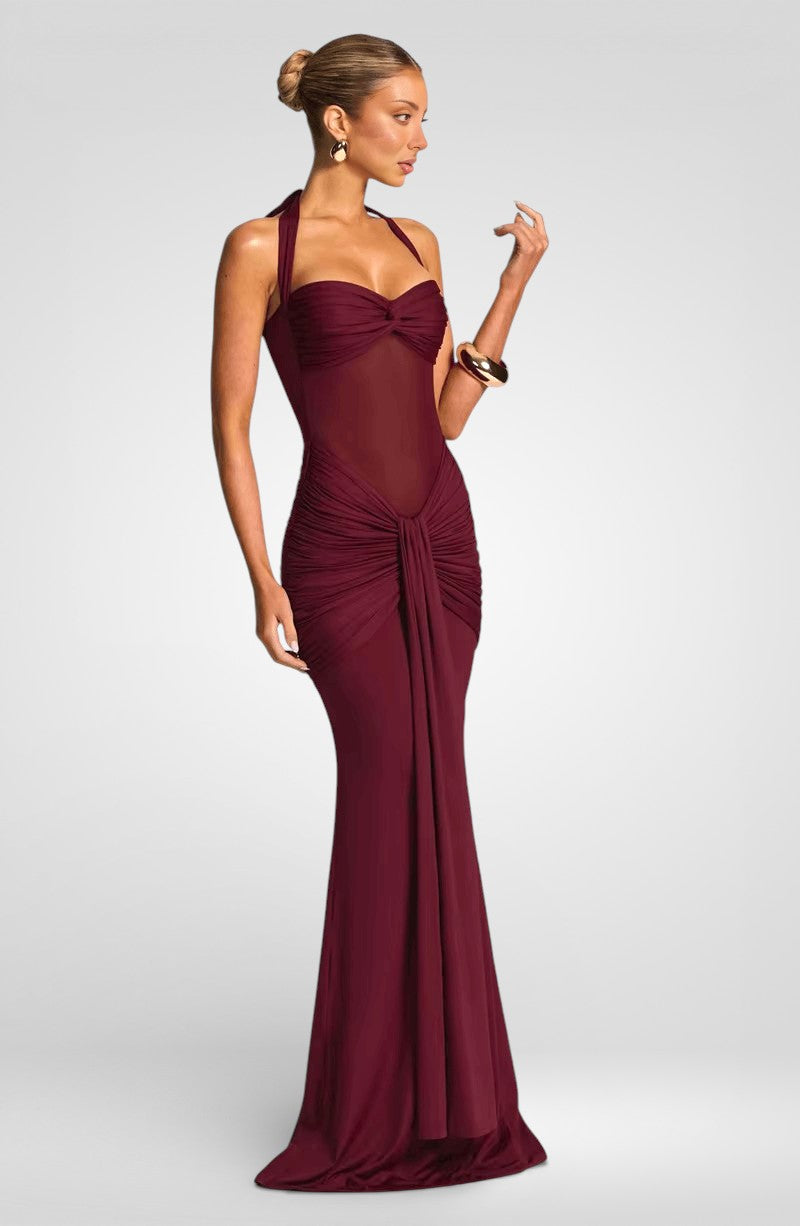 Ruched Halter Off-Shoulder Maxi Dress