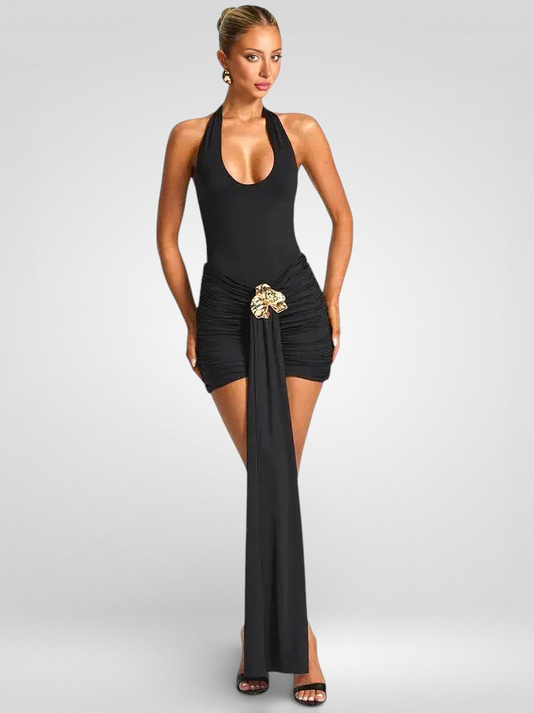 Metal Flower Halter Mini Dress