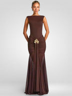 Metal Flower Backless Ruched Maxi Dress