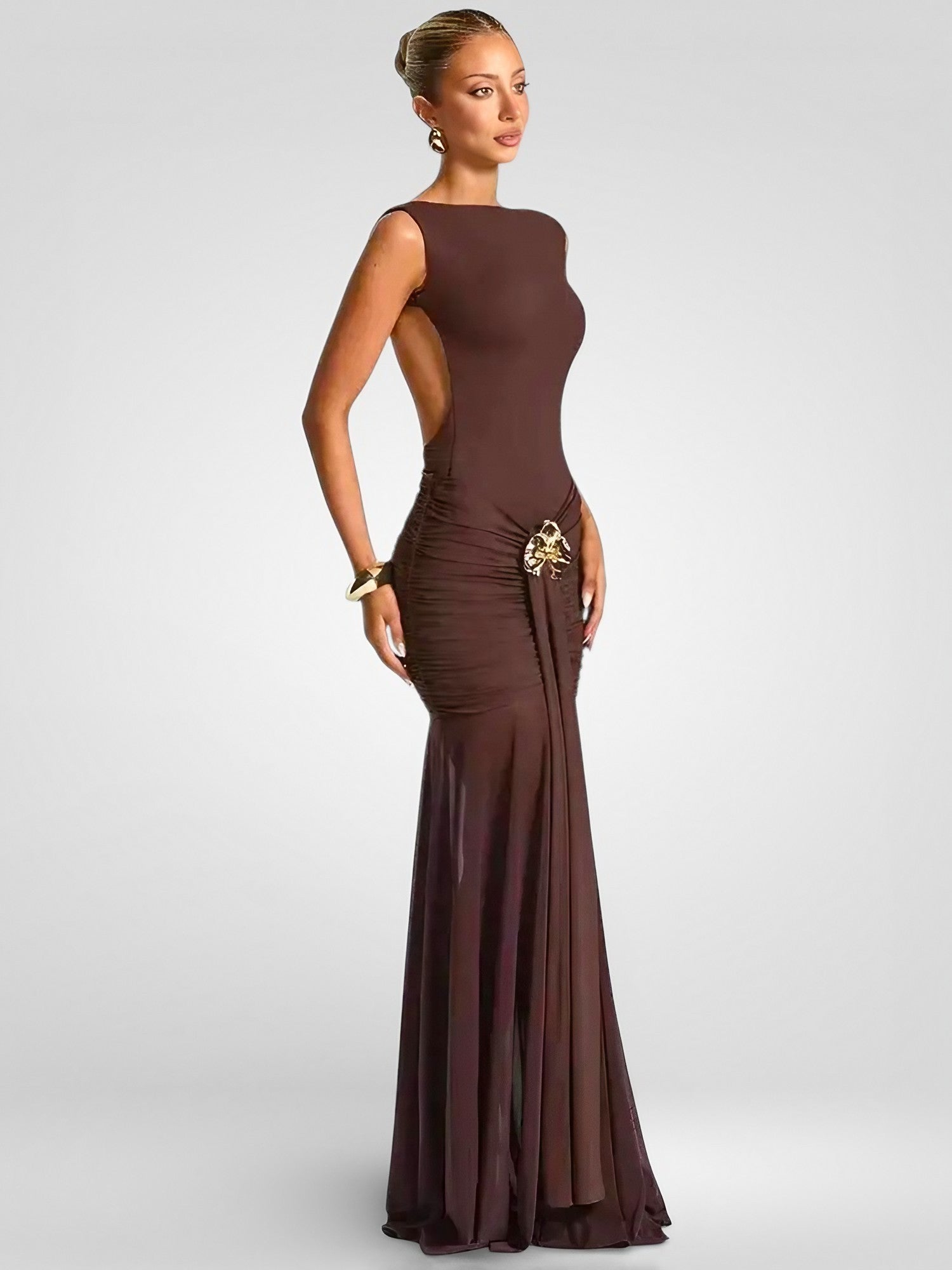 Metal Flower Backless Ruched Maxi Dress