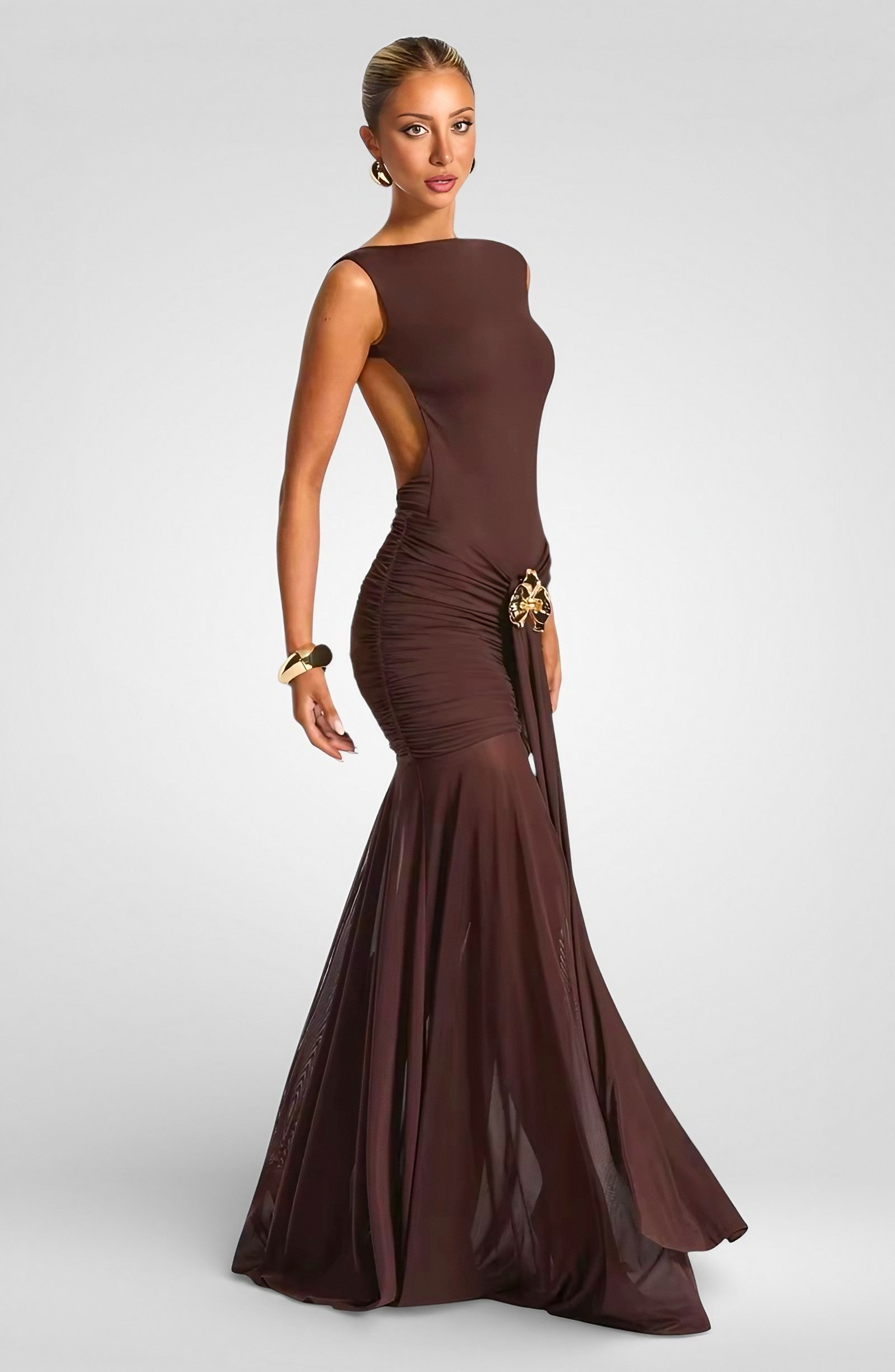 Metal Flower Backless Ruched Maxi Dress