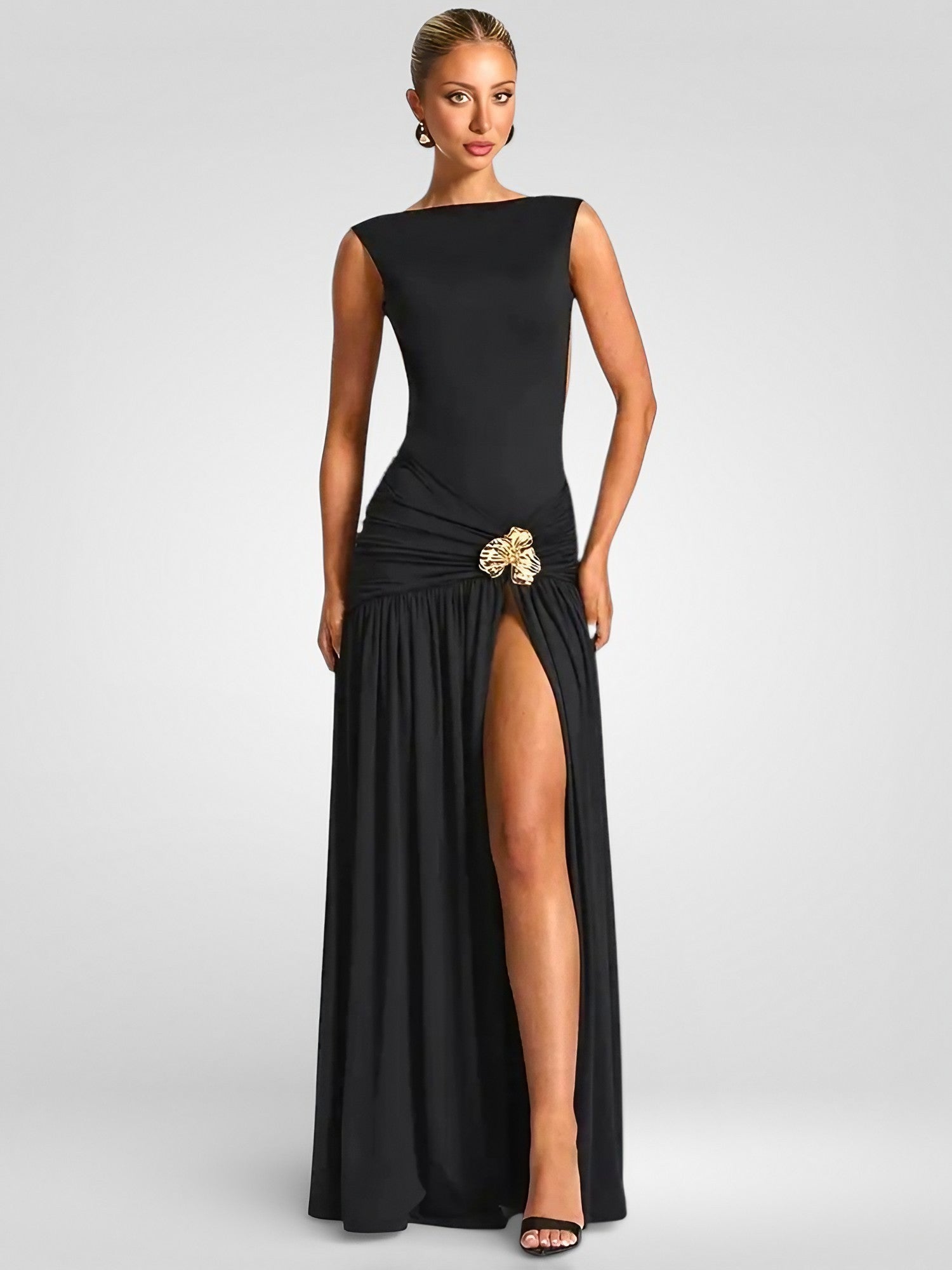 Metal Flower Backless Ruched Maxi Dress