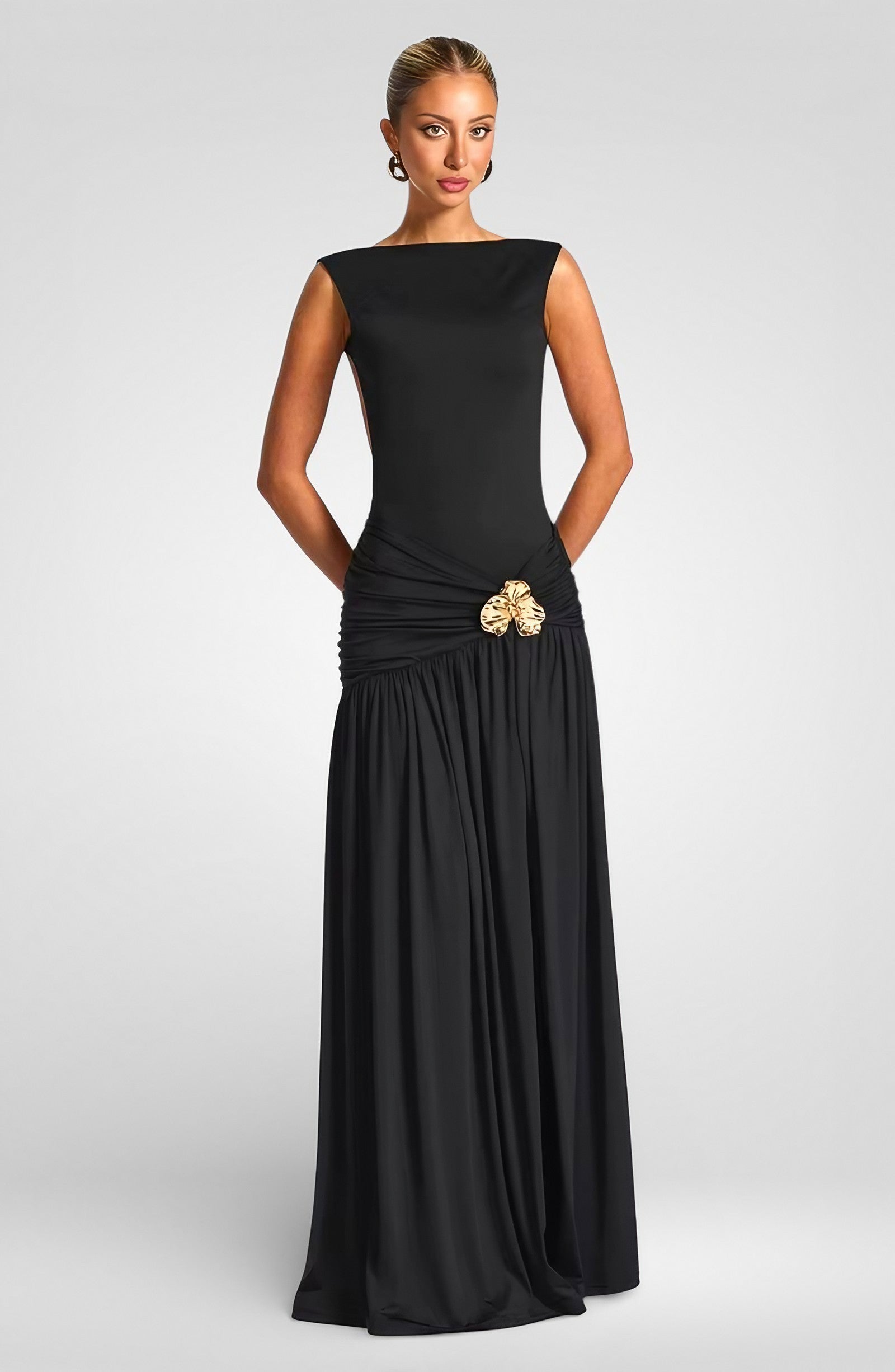 Metal Flower Backless Ruched Maxi Dress