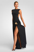 Metal Flower Backless Ruched Maxi Dress
