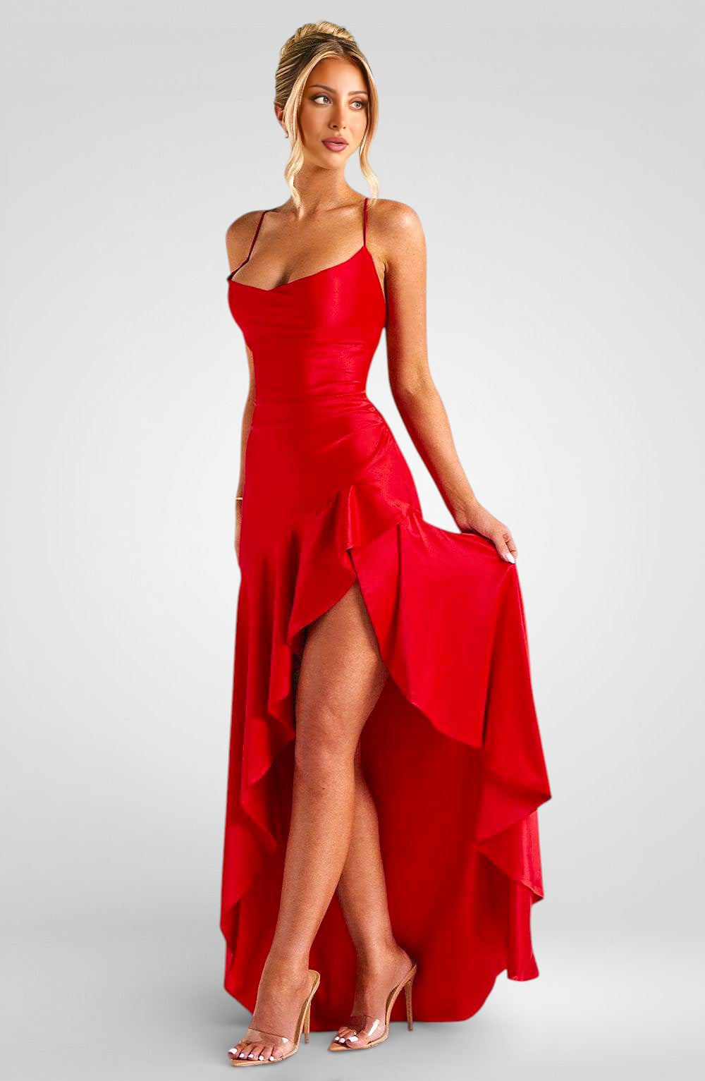 Trägerloses, asymmetrisches, rückenfreies Midikleid