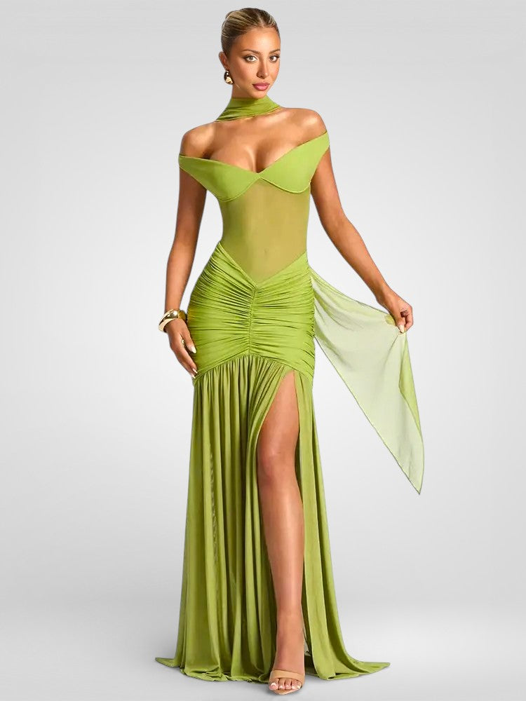 Off-Shoulder Halter Split Maxi Dress