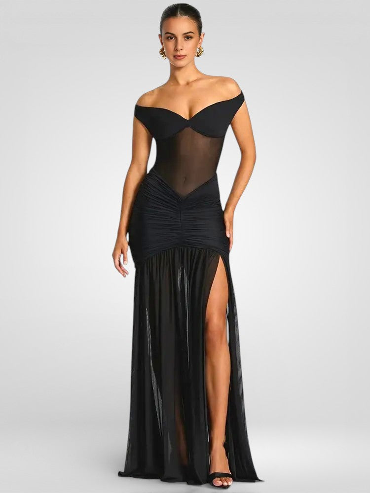 Off-Shoulder Halter Split Maxi Dress