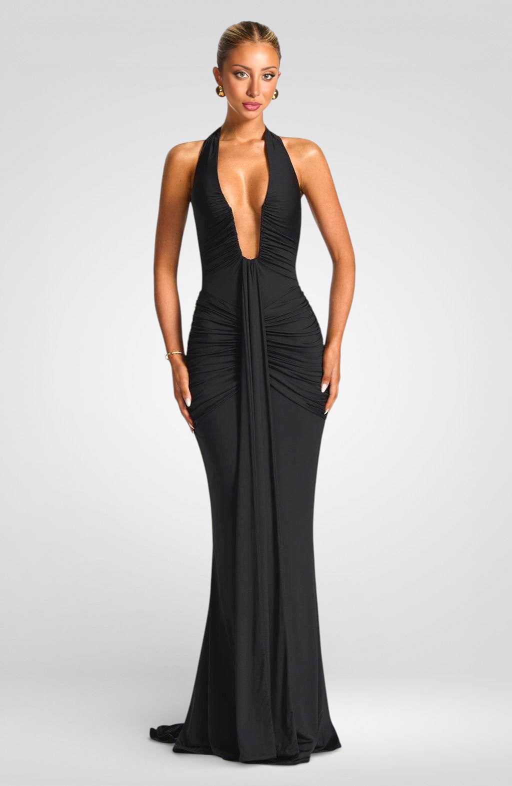 Deep V-Neck Halter Ruched Maxi Dress