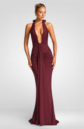 Deep V-Neck Halter Ruched Maxi Dress