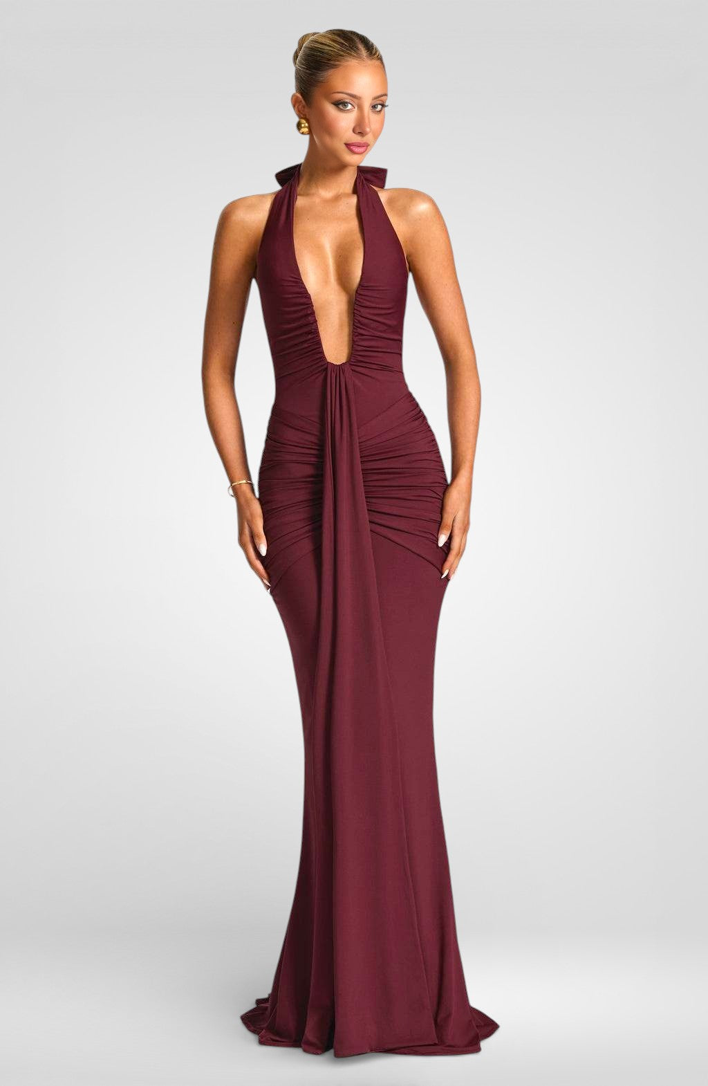 Deep V-Neck Halter Ruched Maxi Dress