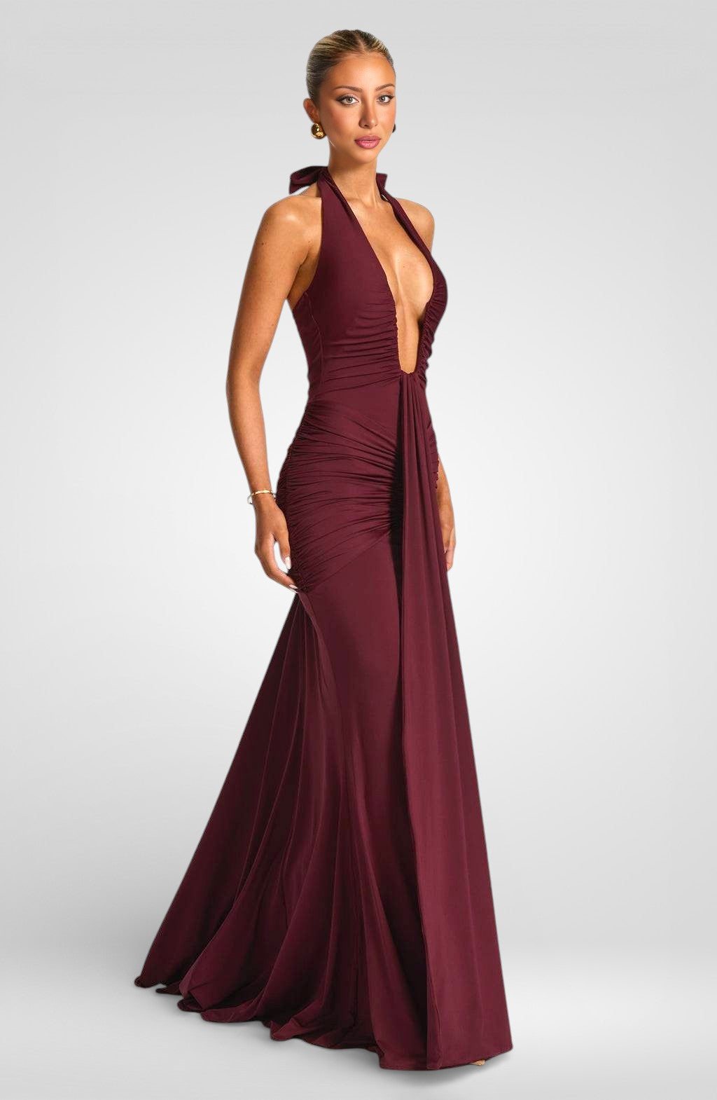 Deep V-Neck Halter Ruched Maxi Dress