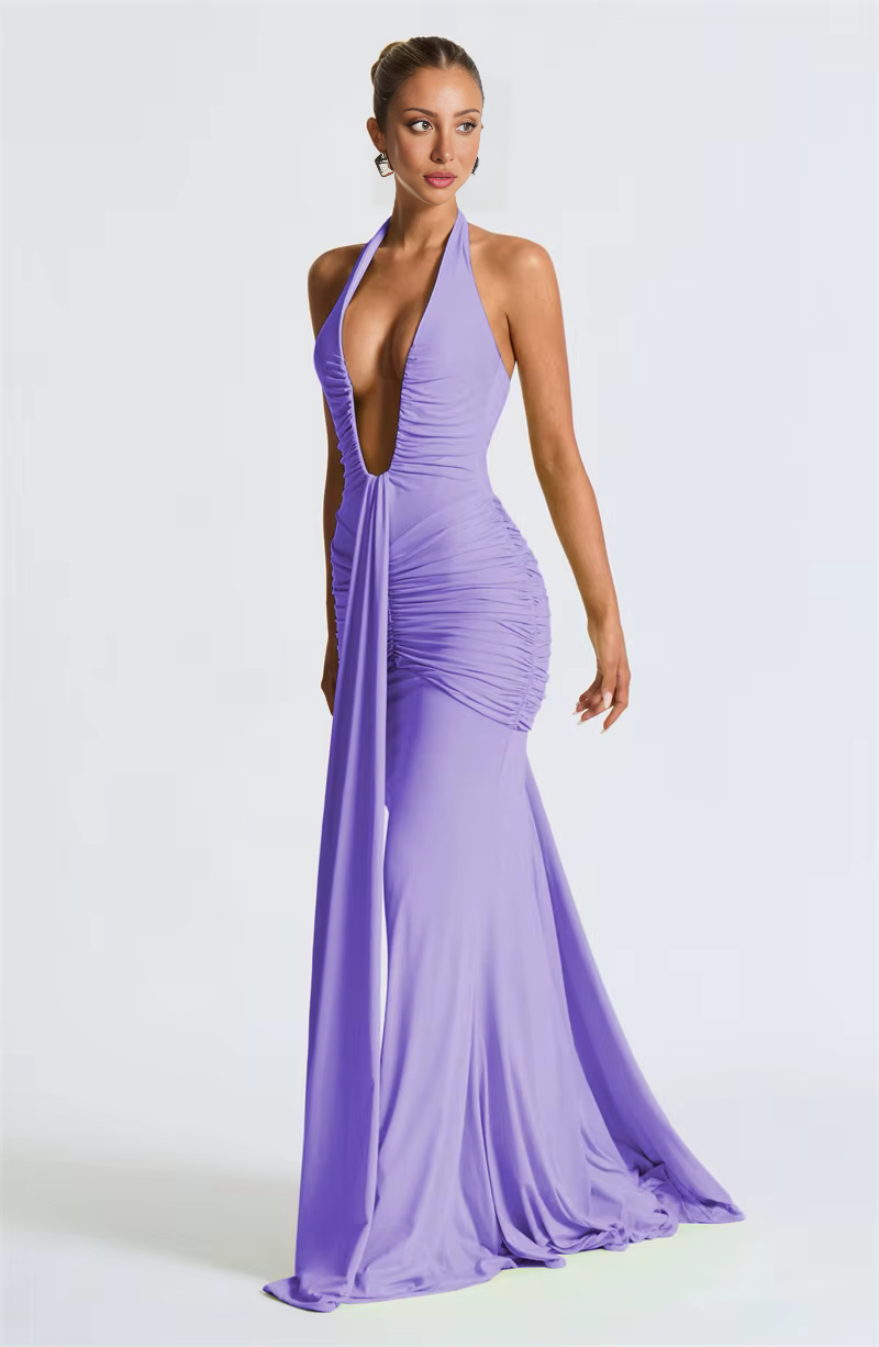 Deep V-Neck Halter Ruched Maxi Dress