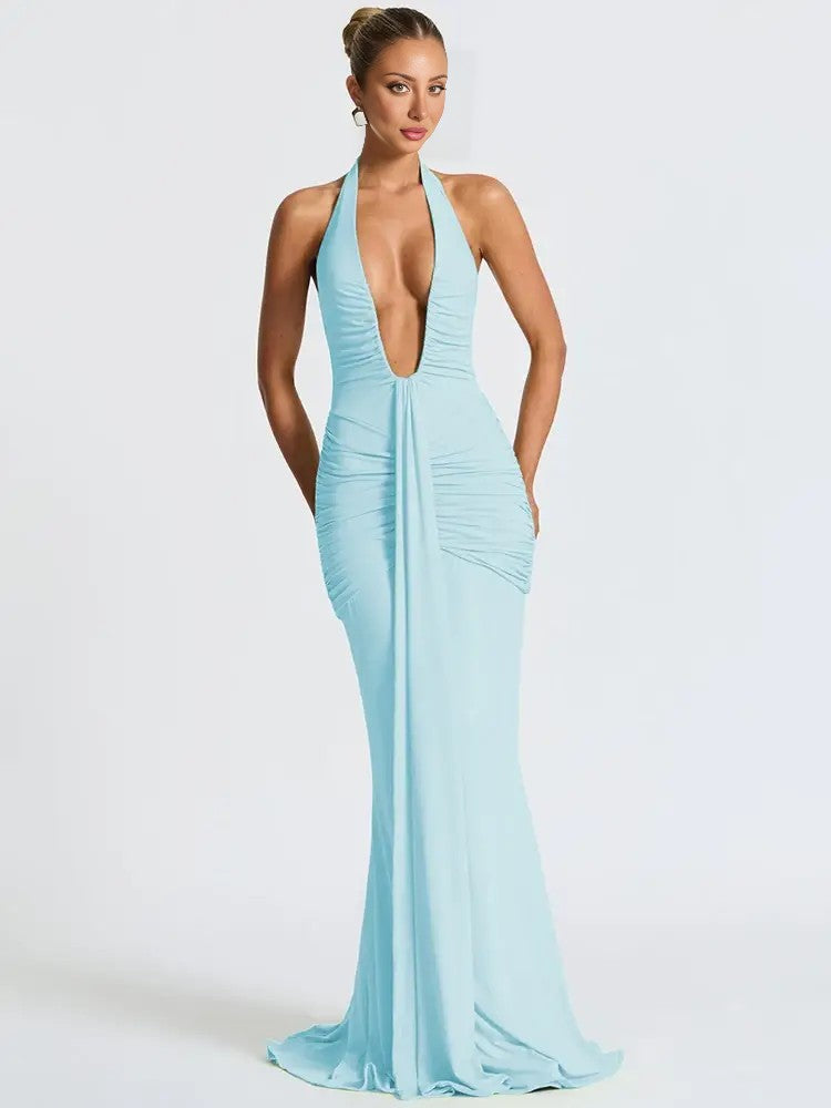 Deep V-Neck Halter Ruched Maxi Dress