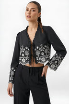 Women's Embroidered Cropped V-Neck Blouse with Lace-Up Detail – Summer Retro Chic Top