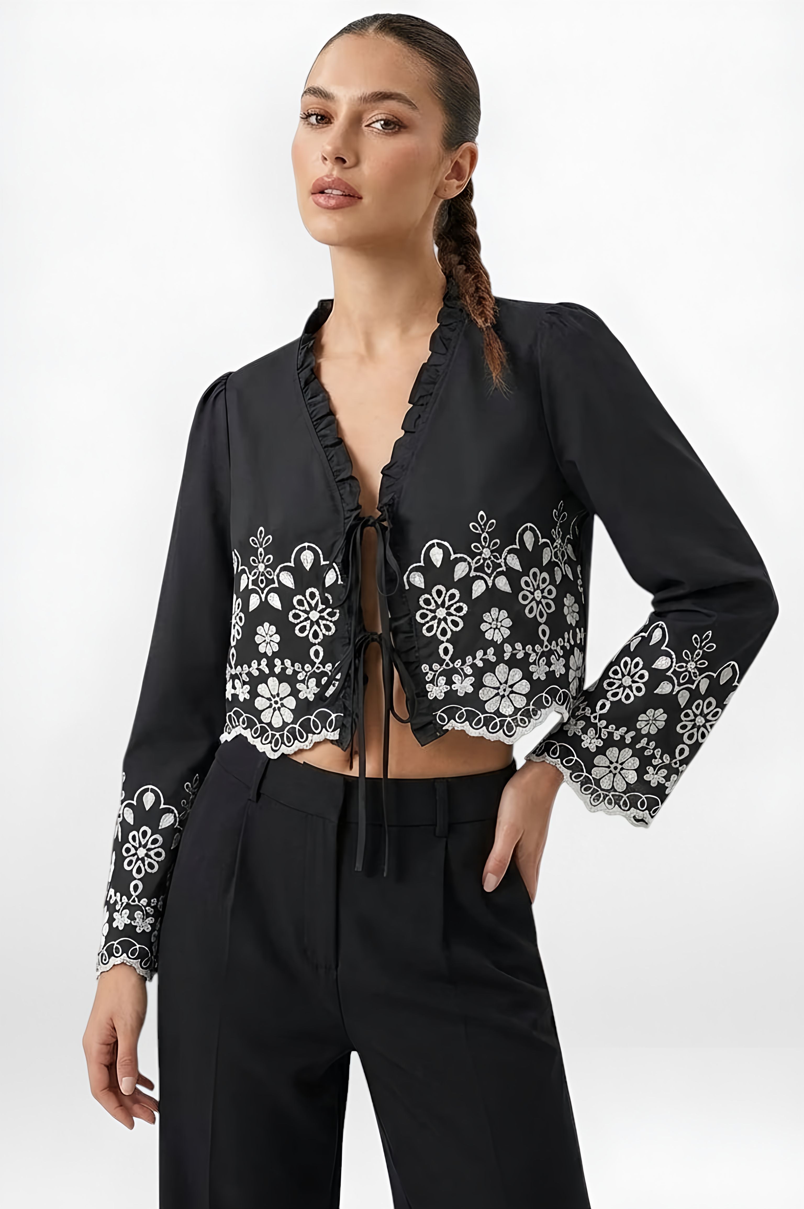 Women's Embroidered Cropped V-Neck Blouse with Lace-Up Detail – Summer Retro Chic Top