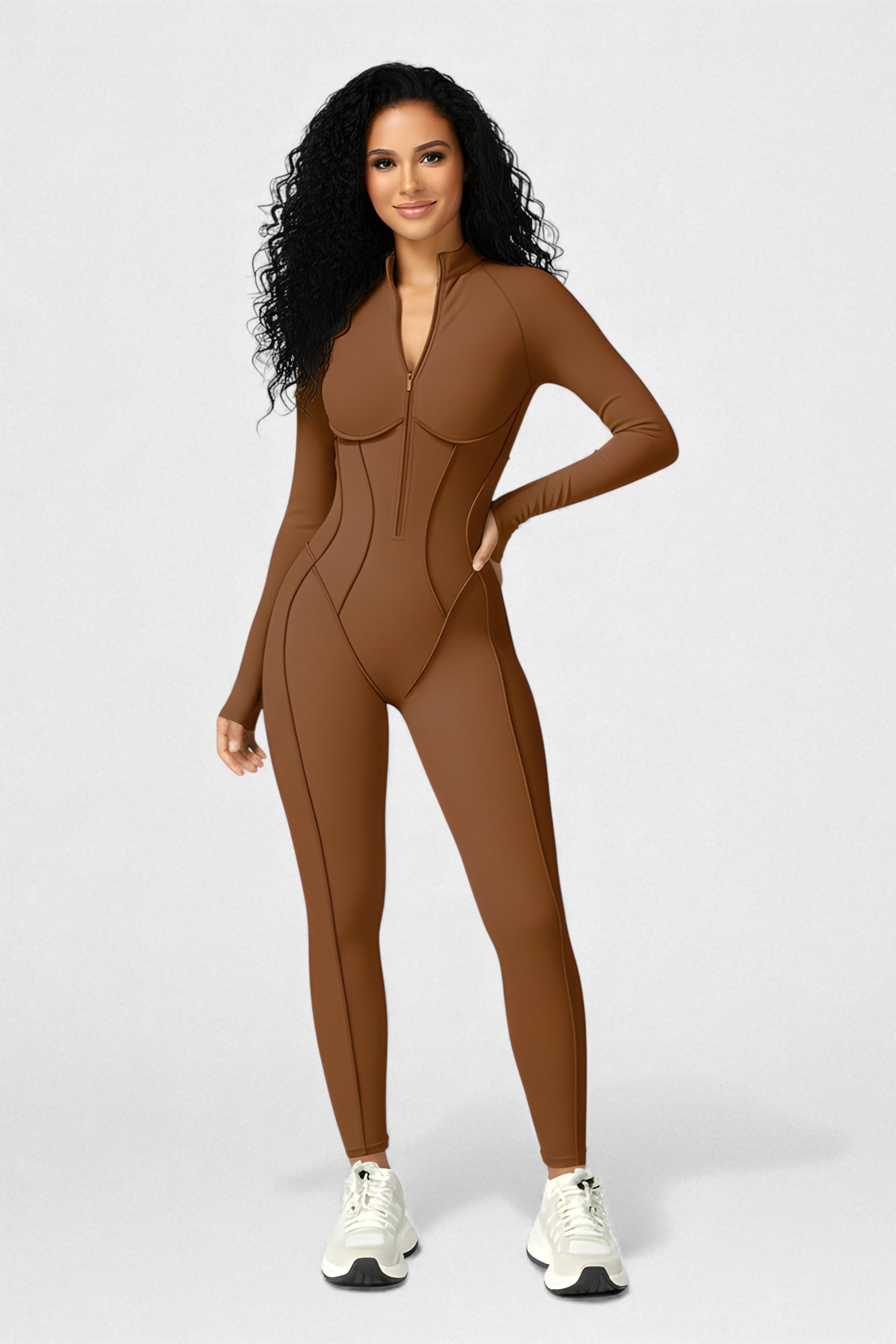 Sculpted Compression Zip-Up Jumpsuit -Brown