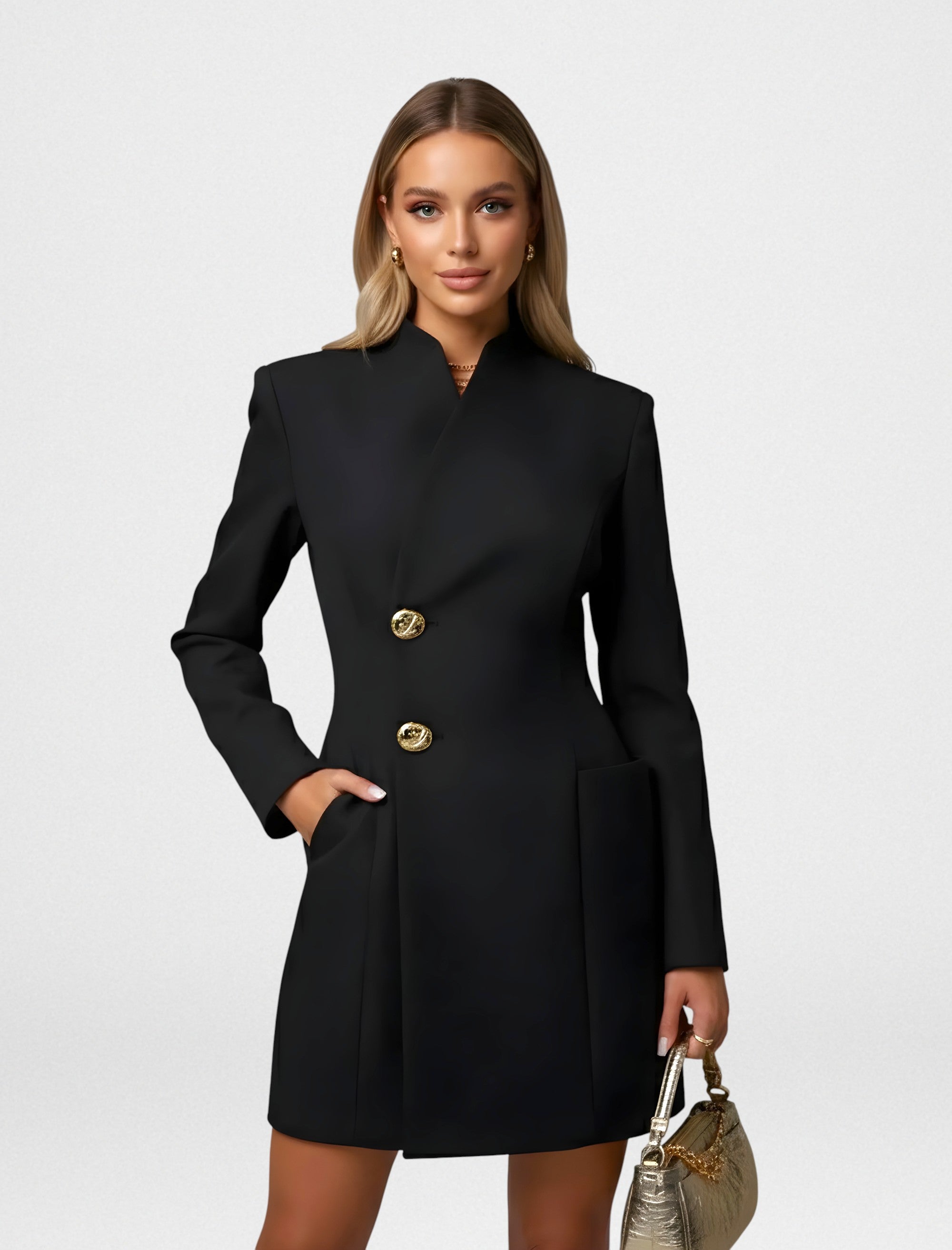 Elegant Waist-Cinching Blazer Mini Dress – Slim Fit V-Neck Office Style