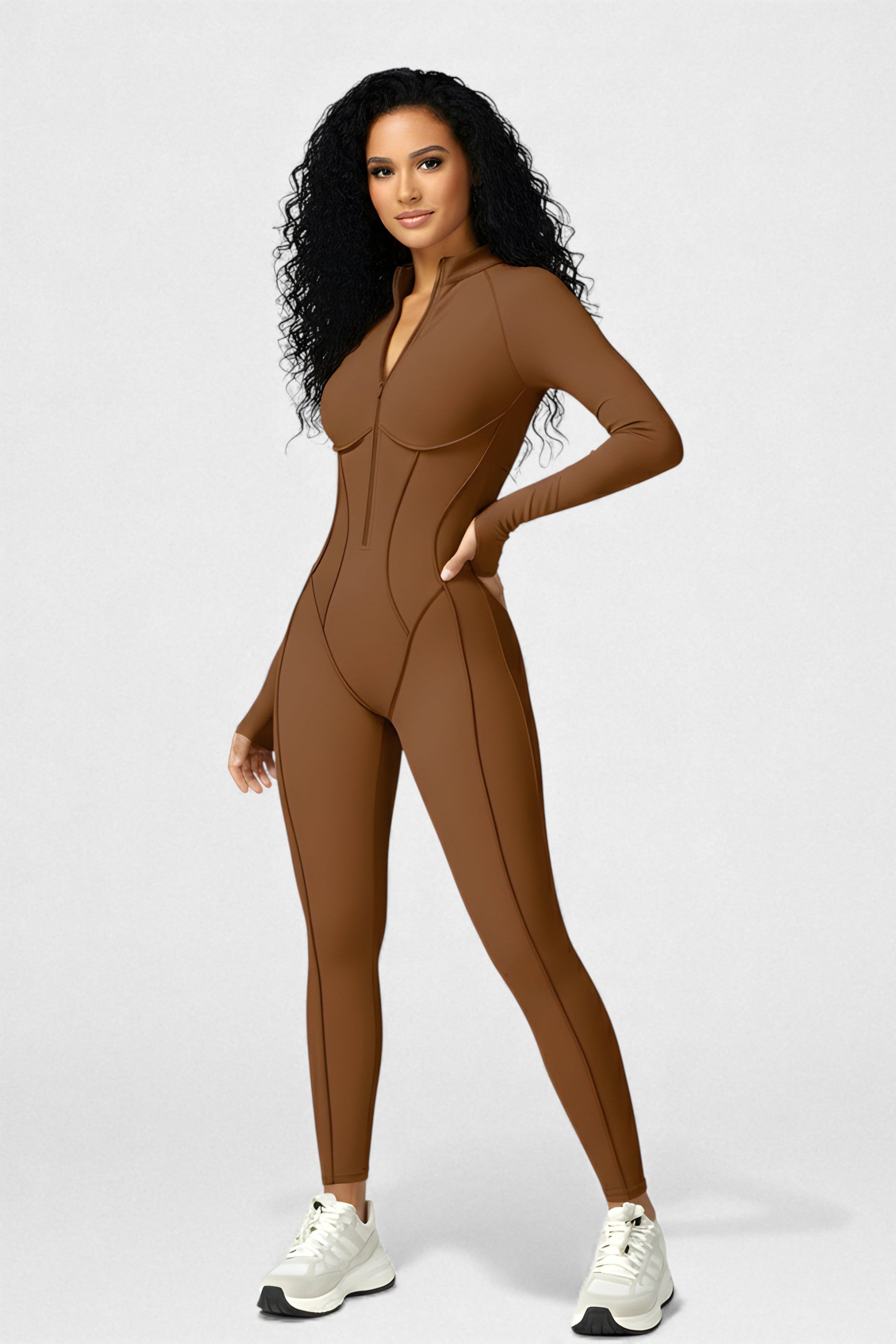 Sculpted Compression Zip-Up Jumpsuit -Brown