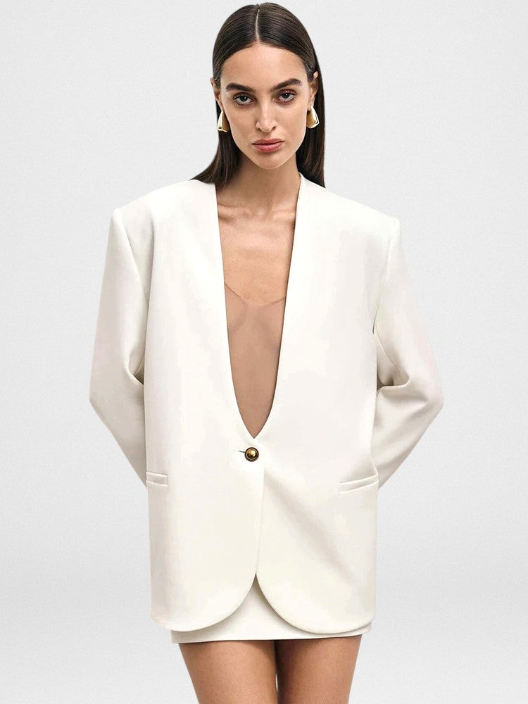 Deep V-Neck Slim Blazer for Women – One-Button Office Jacket with Long Sleeves