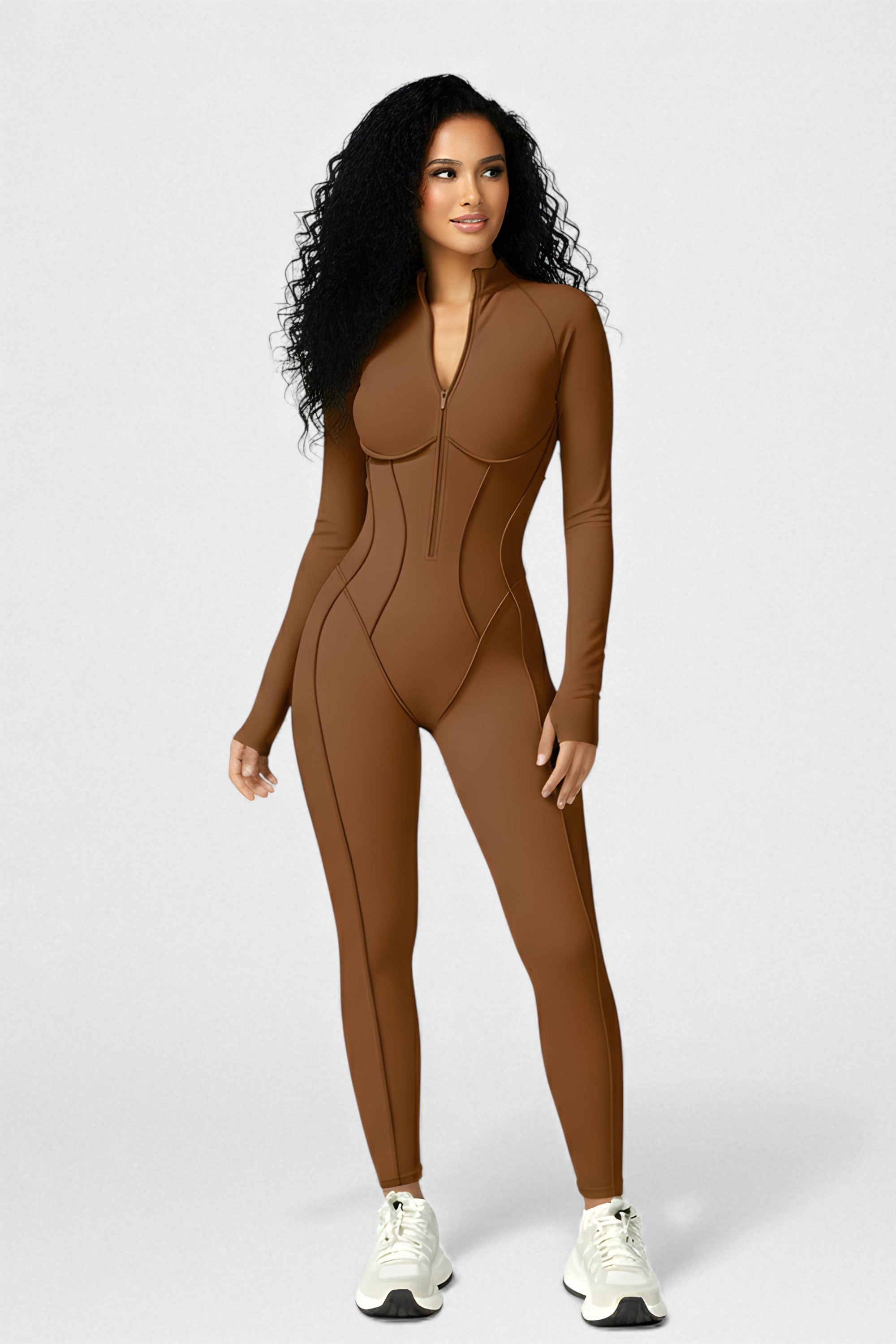 Sculpted Compression Zip-Up Jumpsuit -Brown