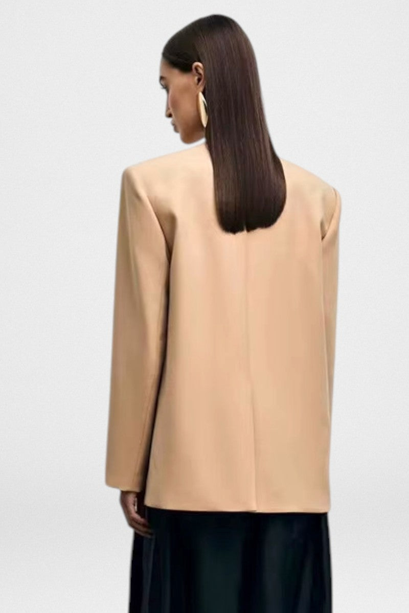 Deep V-Neck Slim Blazer for Women – One-Button Office Jacket with Long Sleeves