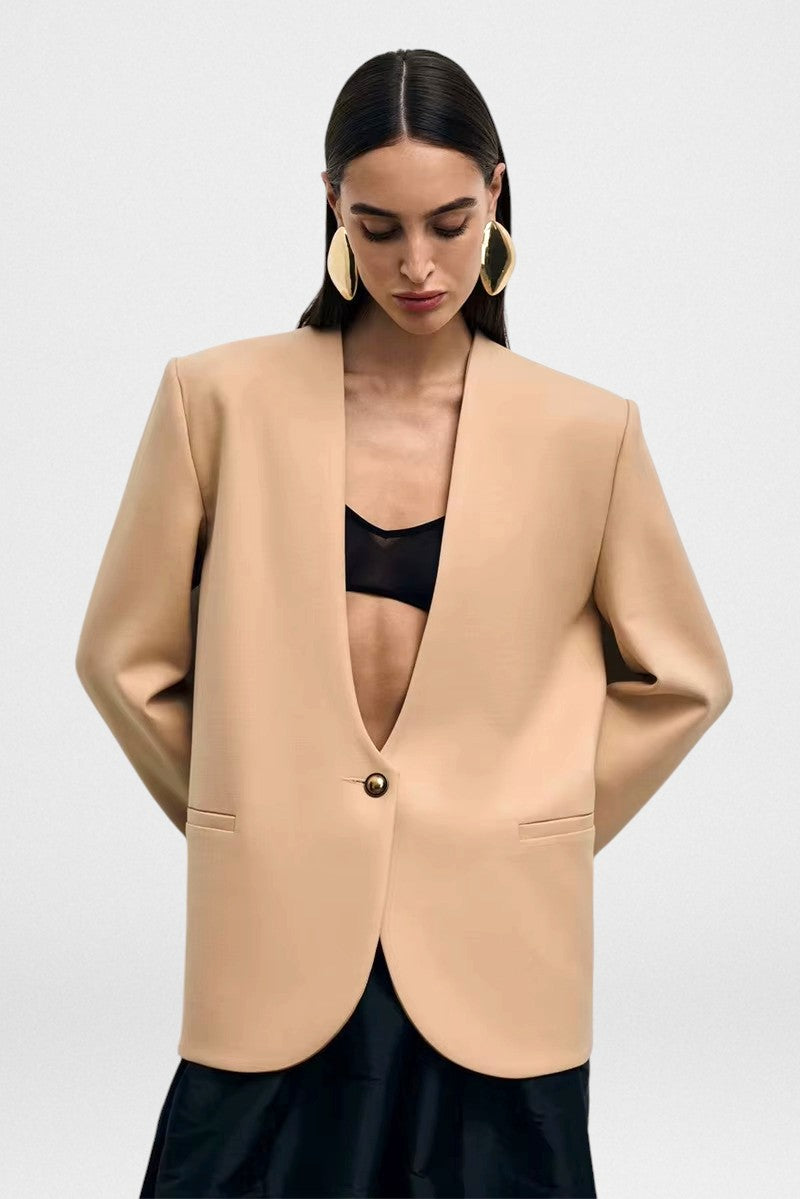 Deep V-Neck Slim Blazer for Women – One-Button Office Jacket with Long Sleeves