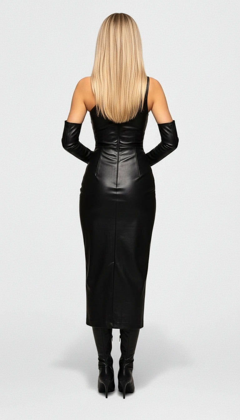 Off-Shoulder PU Leather Midi Dress