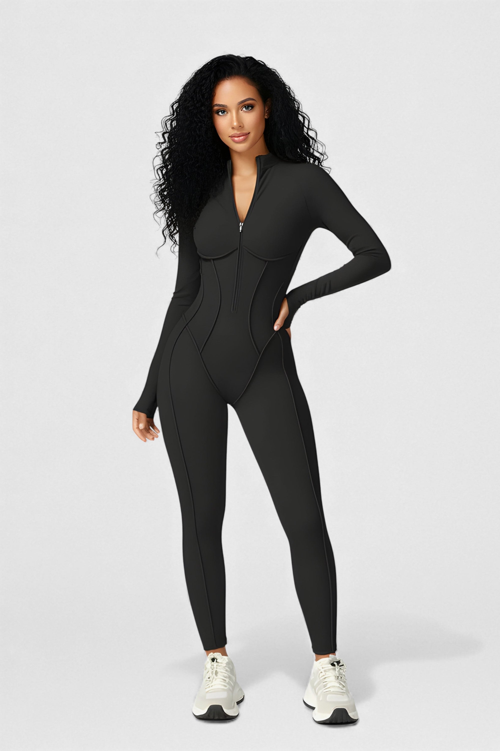 Sculpted Compression Zip-Up Jumpsuit -Black
