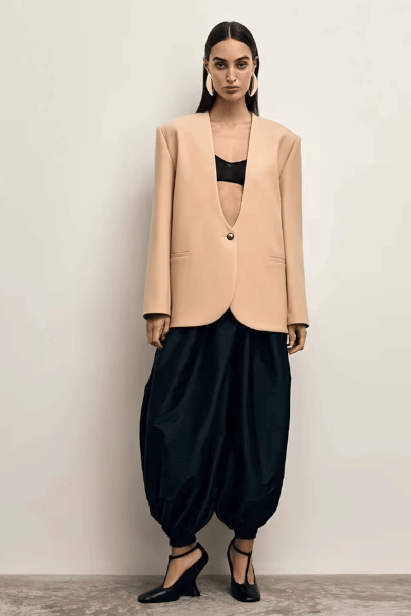 Deep V-Neck Slim Blazer for Women – One-Button Office Jacket with Long Sleeves