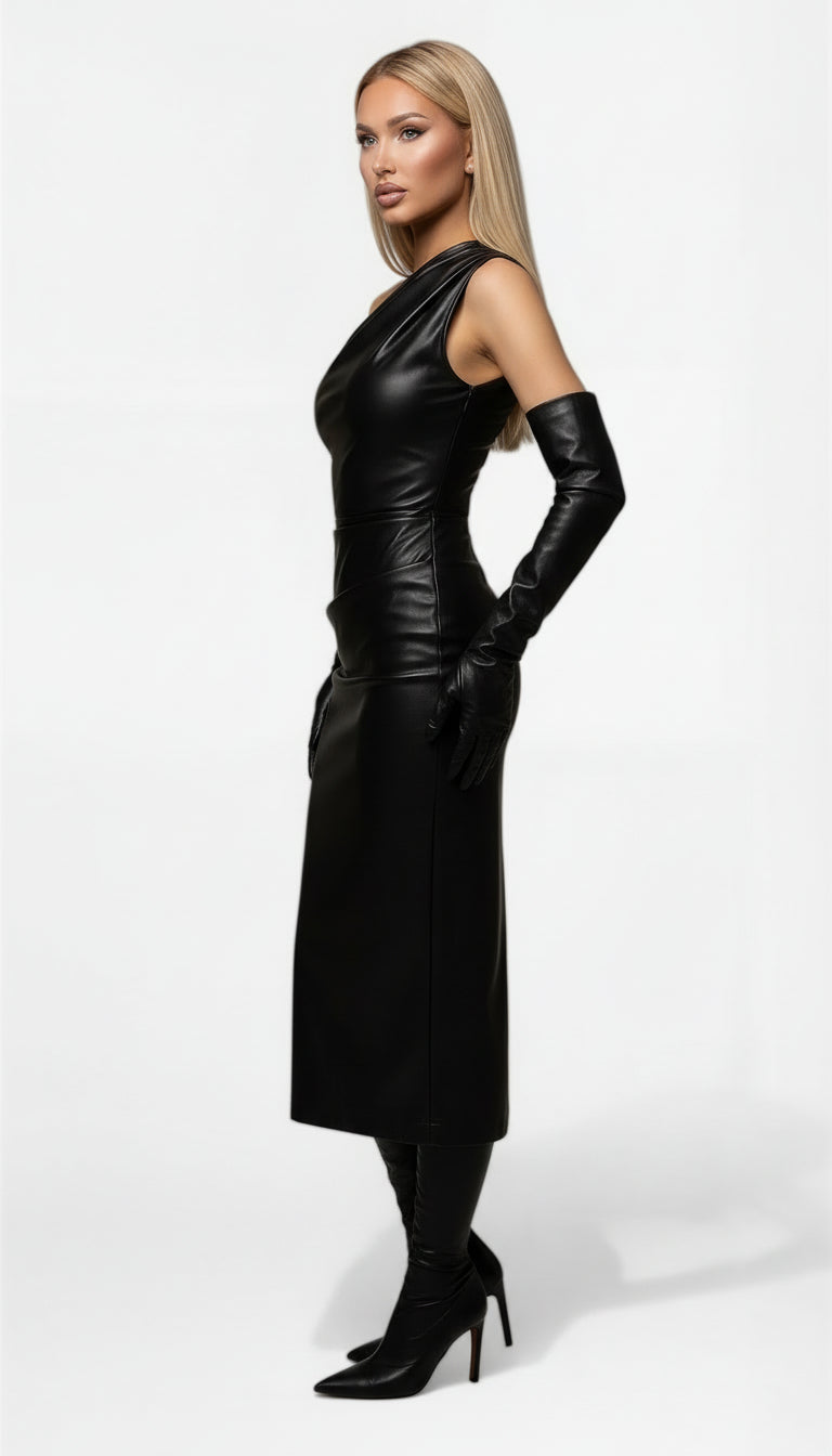 Off-Shoulder PU Leather Midi Dress