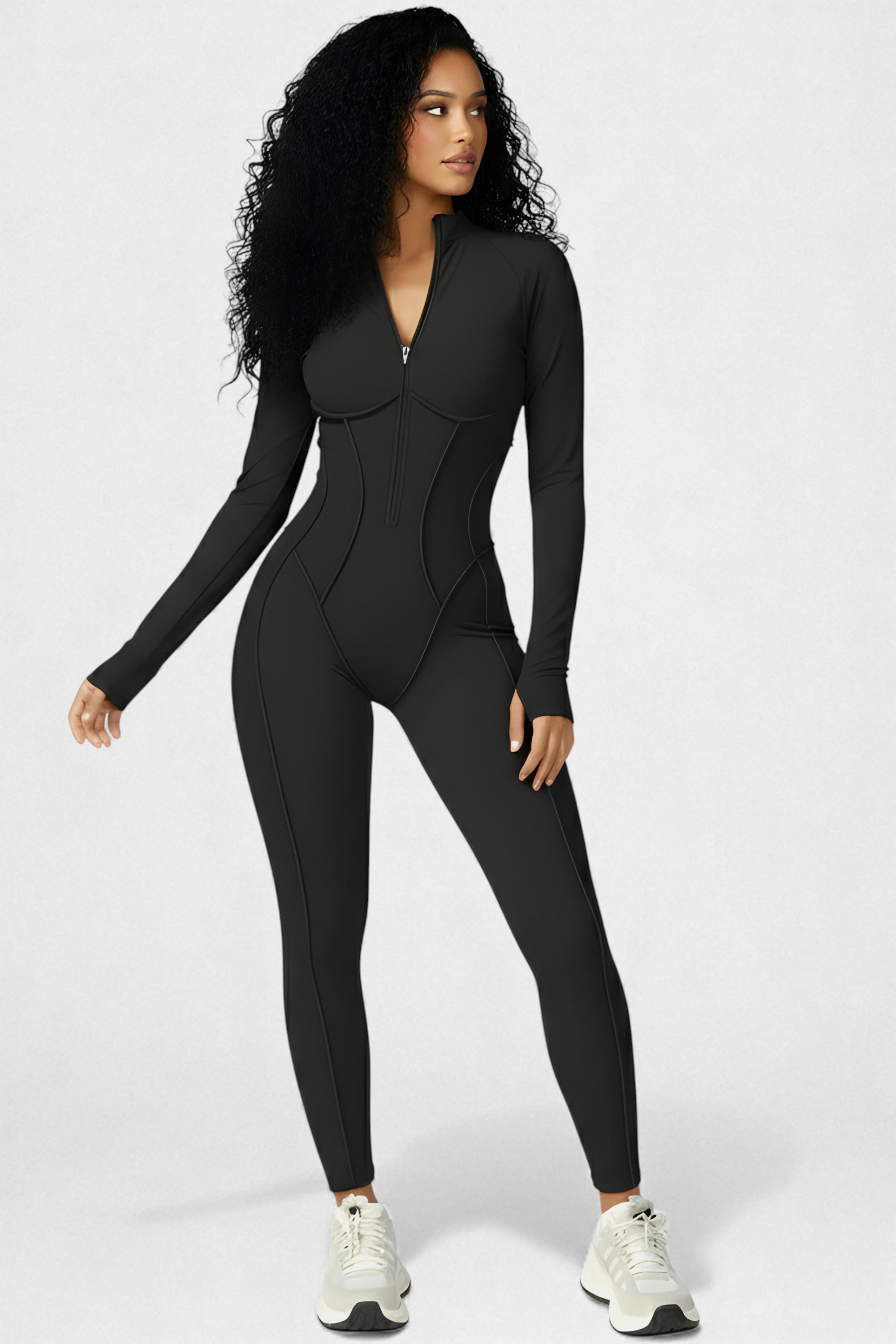 Sculpted Compression Zip-Up Jumpsuit -Black