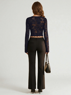 Sheer Floral Lace Crop Top with Square Neckline