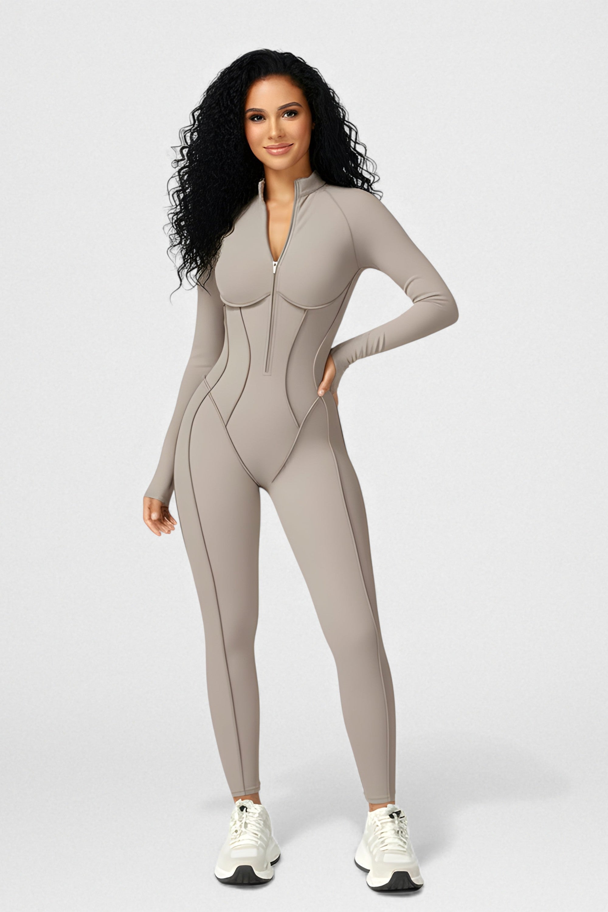 Sculpted Compression Zip-Up Jumpsuit -Beige