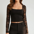Sheer Floral Lace Crop Top with Square Neckline