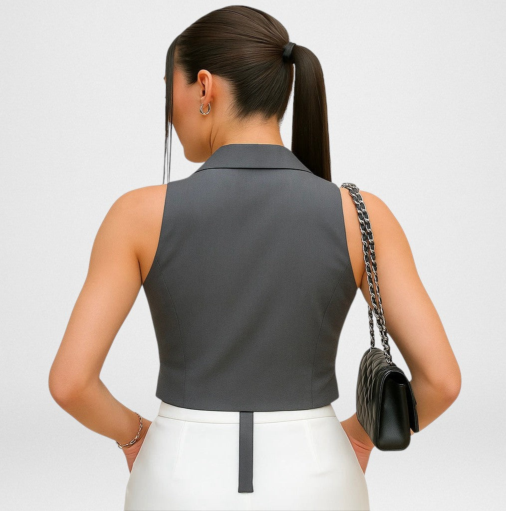 Tailored Halter Crop Top – Deep V with Belt Detail