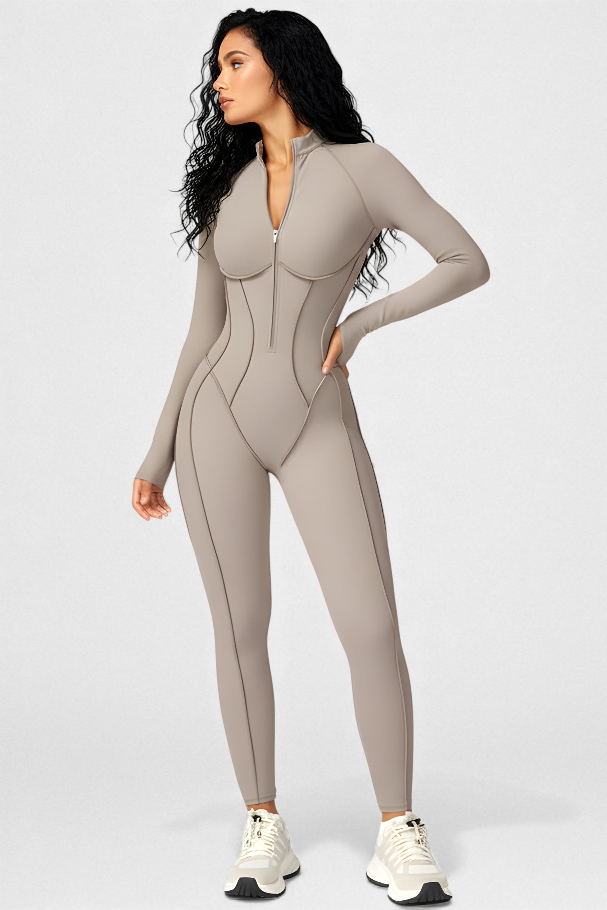 Sculpted Compression Zip-Up Jumpsuit -Beige